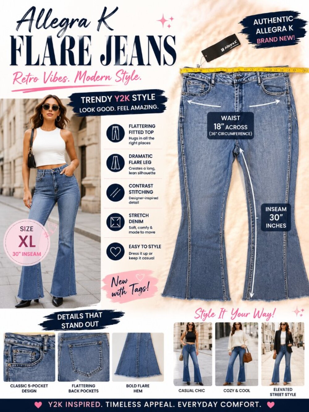 Allegra K Women’s Flare Jeans XL Medium Wash Stretch Denim Y2K NWT 30” Inseam